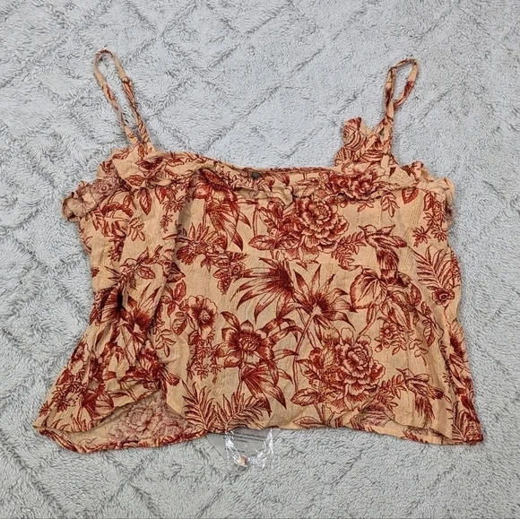 Z&L Top Women's M Beige Red Floral Sleeveless Button Up Ruffle Crop Boho NEW - Picture 7 of 7